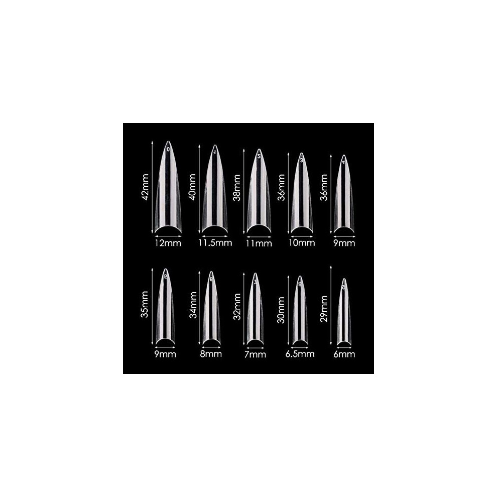 Mwoot 600Pcs Long Stiletto Nail Tips Set, Sharp Ending Fake Nail Art Tips 10 Sizes, Full Cover French Acrylic False Nails Half Tips For Diy Salon Manicure