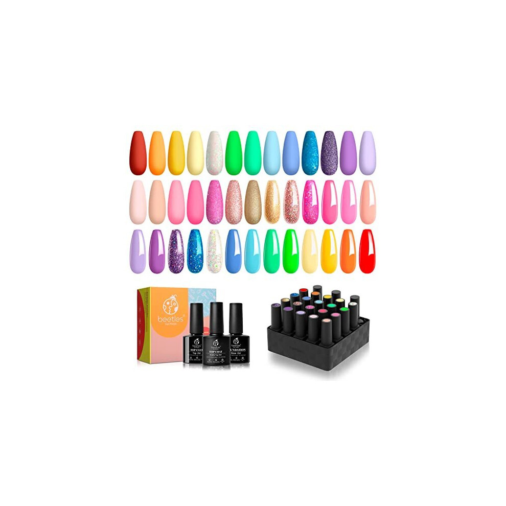 Beetles 23 Pcs Rainbow Summer Gel Nail Polish Set,Blue Green Glitter Purple Nude Pink Gel Polish Soak Off Red Yellow Gel Nail Kit with Glossy & Matte