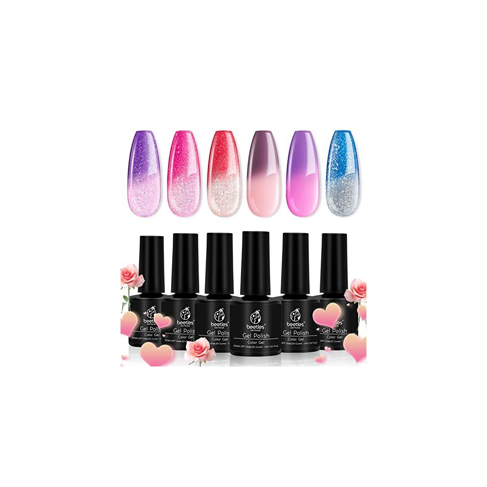 Beetles Gel Nail Polish Set - 6 Pcs Temperature Colour Changing Gel Phantom Chameleon Polish Set Glitter Pink Blue Purple Red Gel Polish Soak Off UV