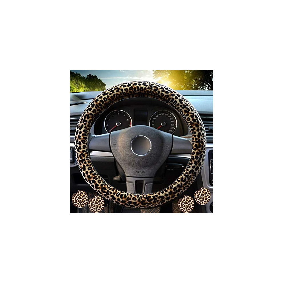Leopard-Printed Steering Wheel Cover For Women, Leopard Steering Wheel Covers With Bonus 4Pcs Leopard Car Cups Coasters, Leopard Car Accessories. 5011145459016