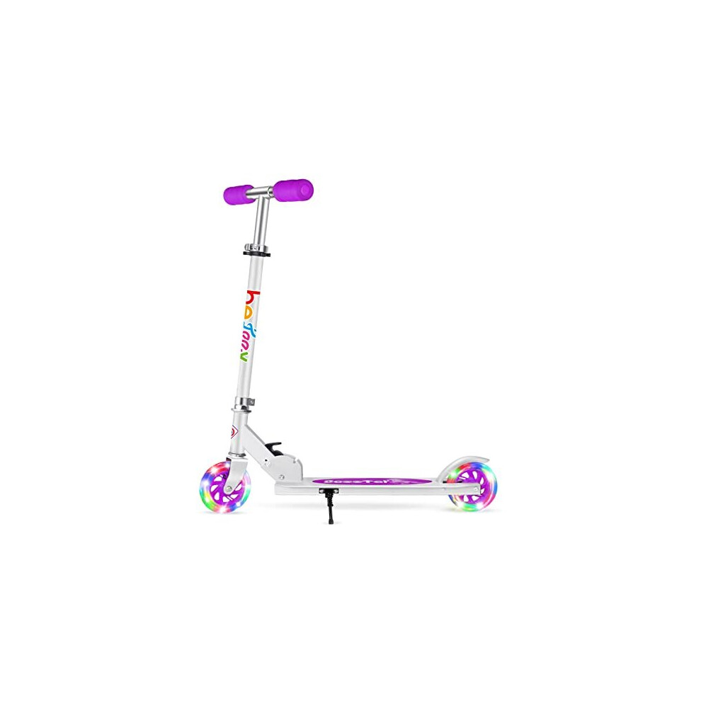 Scooter for Kids, 2 Wheels Folding Kick Scooter for Children Girl and Boys, 3 Adjustable Height, LED Flashing Light up Wheels, with Kickstand (Purple)