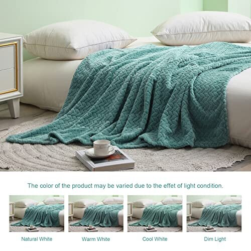 Large Flannel Fleece Throw Blanket, 127x178 CM Sofa Throws, Soft Jacquard Weave Leaves Pattern Throws for Sofa, Celadon Blanket 2
