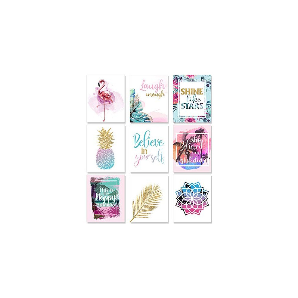 Set of 9 Inspirational Prints Teen Girl Room Wall Art Flamingo Pineapple Leaf Motivational Phrases Posters Girls Bedroom Home Decorations Unframed