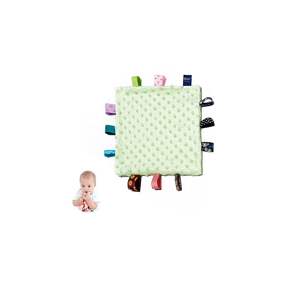 Baby Security Blanket With Colorful Satin Tags, Infant Appease Blankets Taggy, Taggies Blanktes - 10 X 10 Inches Square Blanket For 3+ Months Green Heccei