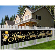 Extra Large Happy Birthday Banner for Birthday Party Decoration Black and Gold Birthday Photo Booth Backdrop Background Banner, Birthday Party