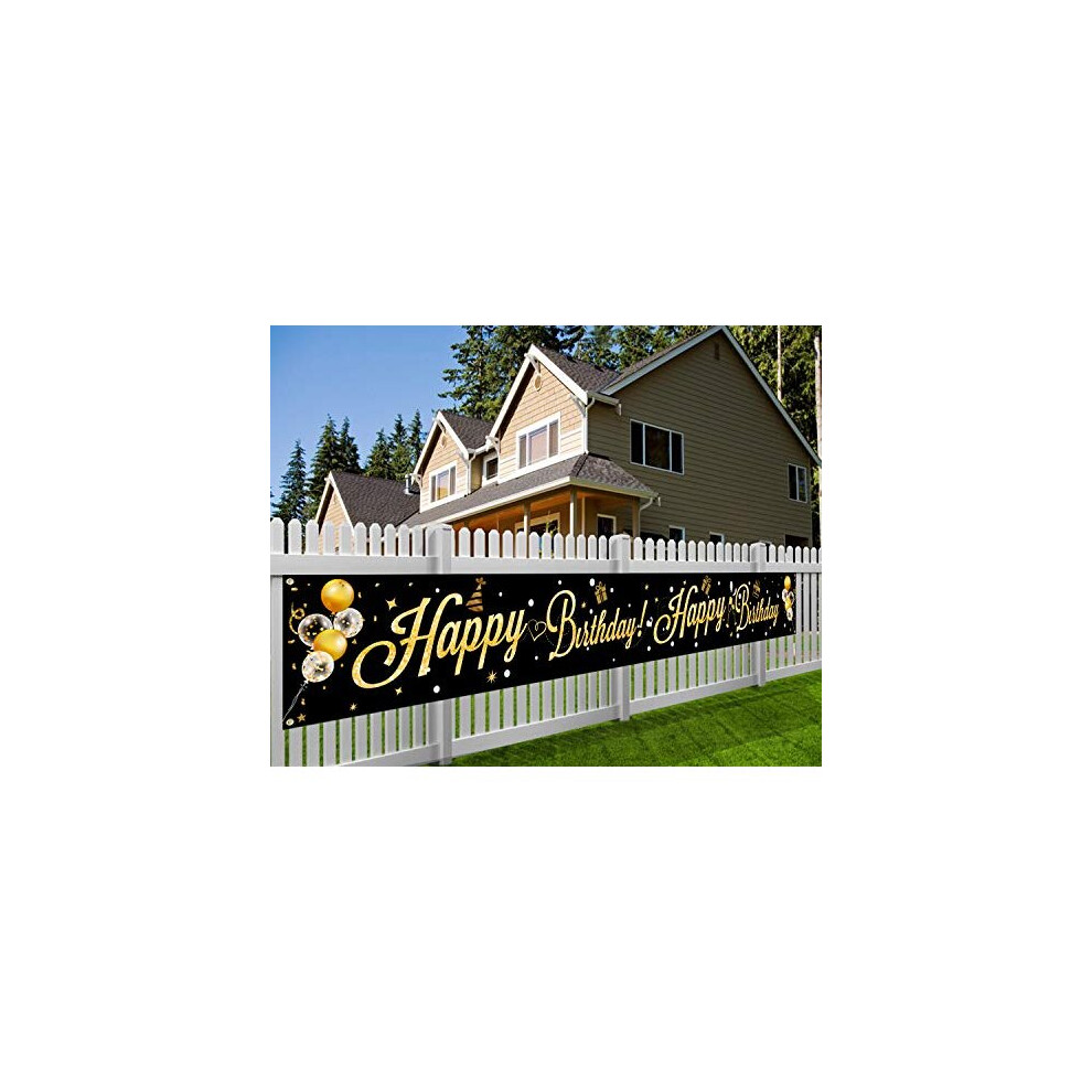Howaf Extra Large Happy Birthday Banner For Birthday Party Decoration And Birthday Photo Booth Backdrop Background Banner, Birthday Party Black/Gold