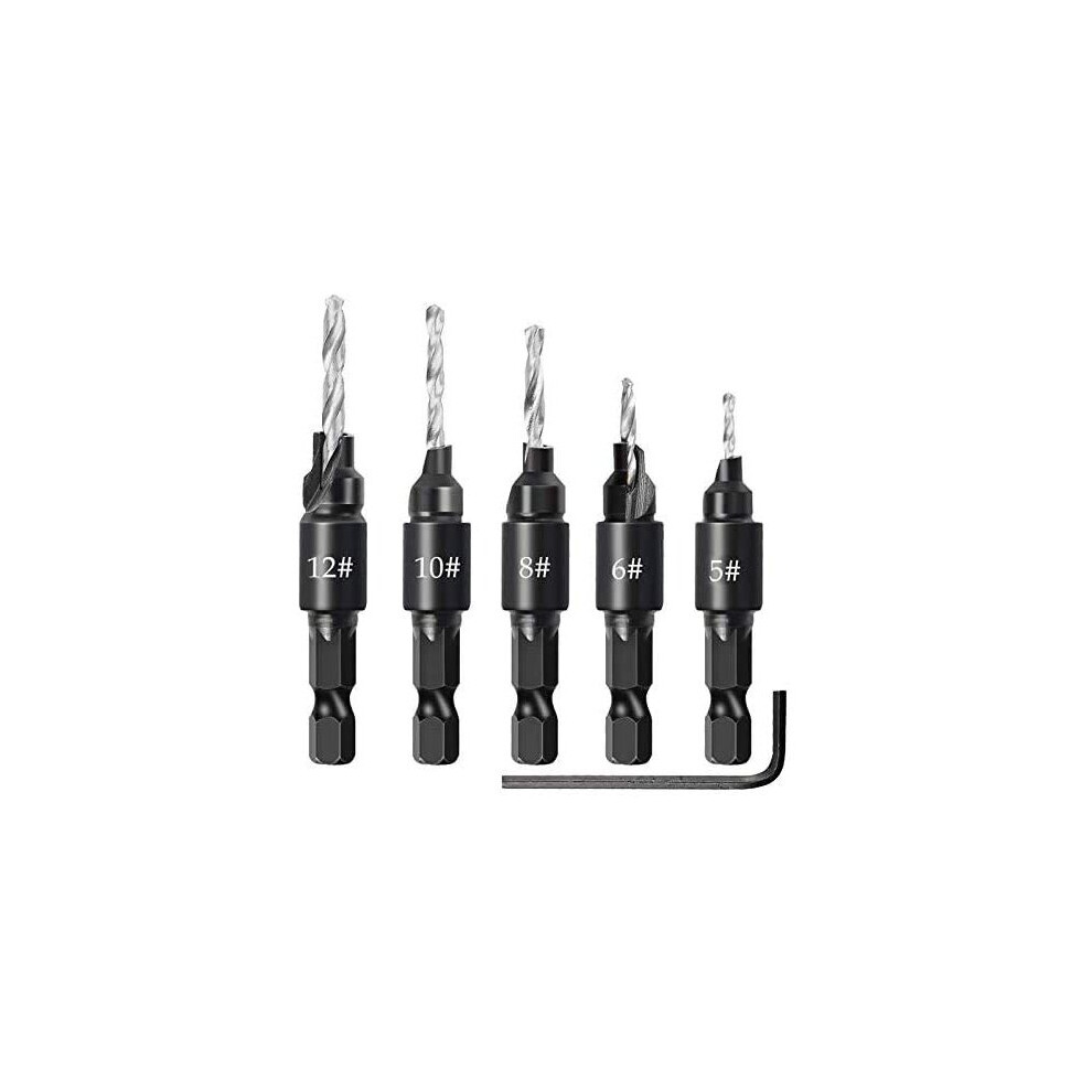 Countersink Drill Bit Set - 5Pcs Free Replaceable Drill Bits With One Hex Wrench For Woodworking Countersink,Quick Change 1/4" Hex Shank Adjustable 5011145469107