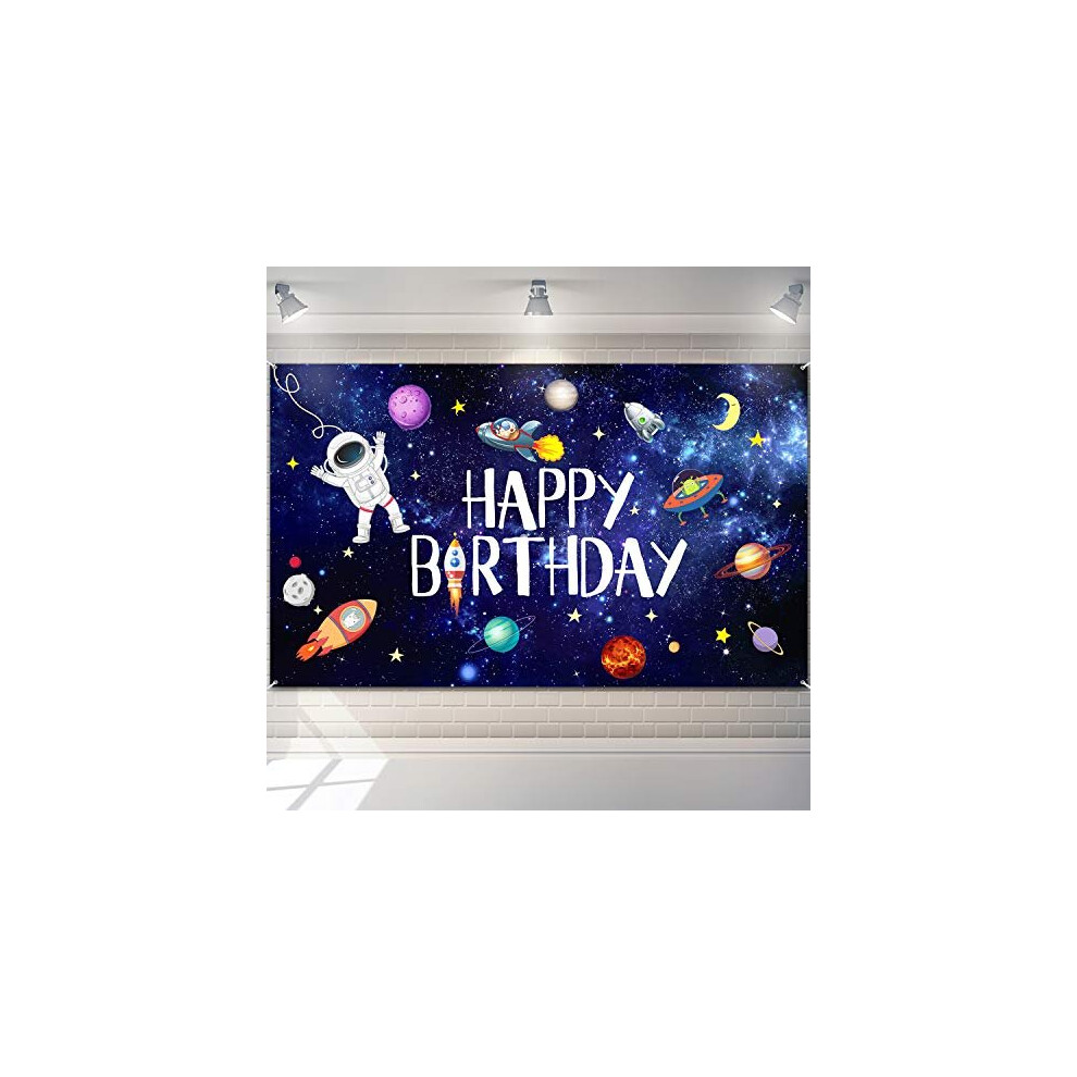 Outer Space Happy Birthday Photography Background Astronaut Rocket Backdrop Banner for Children's Birthday Galaxy Planet Party Photo Booth 