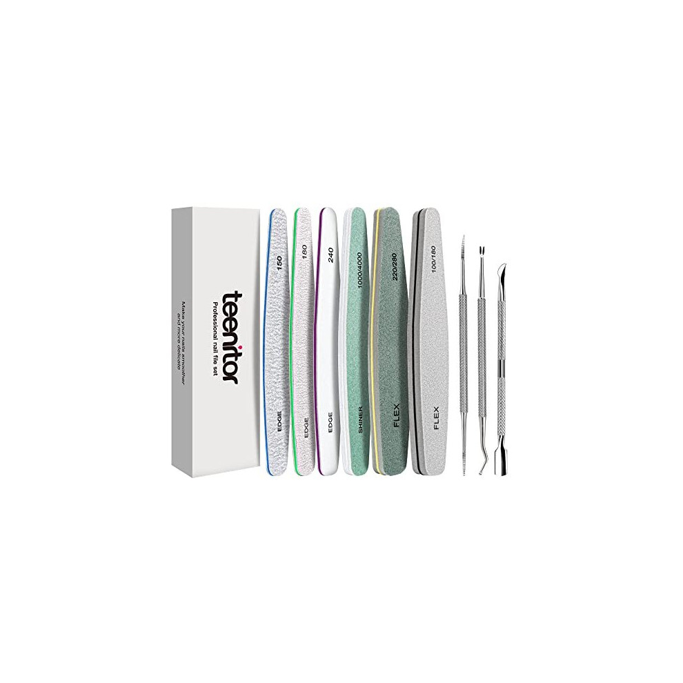 Teenitor Emery Boards Nail Files With Toenail Lifters & File Set,6Pcs Professional Nail Buffer Block With Cuticle Pusher, Toenail Lifter & Nail Cuticle Fork,