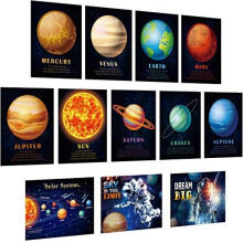 12 Pieces Solar System Educational Teaching Posters Laminated Kids Space and Planets Posters Print WallChart Art for Toddlers Classroom Bedroom 10.6 x