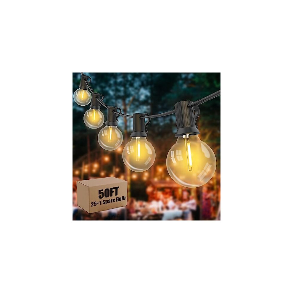 LED Outdoor String Lights 50Ft, Mains Powered Festoon Lights with 25+1 Shatterproof Plastic Bulbs, Weatherproof Globe Garden String Lights for Patio,