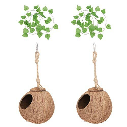 4pcs Coconut Bird Nest Parrot Shell House Hut Cage with Hemp Rope and