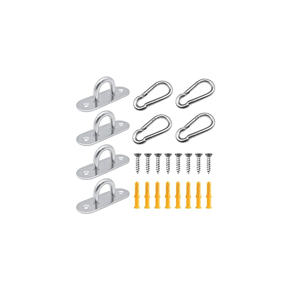 4 Pcs Stainless Steel Eye Pad Plates + 4 Pcs Carabiner Clips, M5 Pad Eye with 8 Screws and 8 Plastic Expansion Pipes, Metal Staple Ring Hook for