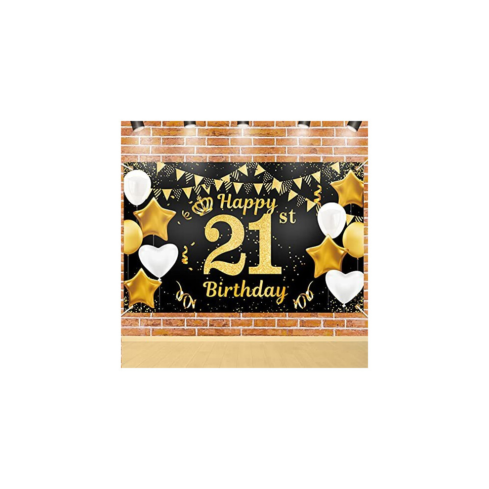 21st Birthday Banner Extra Large 21st Birthday Backdrop, Legal Adult Happy 21st Birthday Banner Black and Gold, 21st Birthday Decorations Backdrop