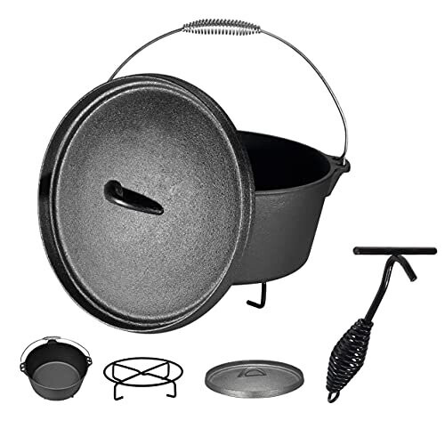 Preseasoned Cast Iron Camping Pot, 7 Quart Dutch Oven with A Lid Lifter and A Iron Stent, Black
