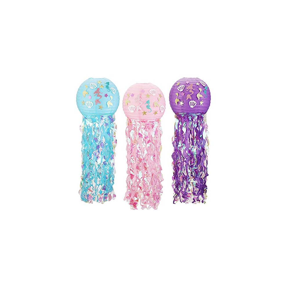 Mermaid Hanging Jellyfish Paper Lanterns, 3 Pack Mermaid Themed Glitter Hanging Jellyfish Paper Lanterns with Bright Strip Decoration and Mermaid
