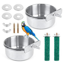 2 Pieces Bird Feeding Dish Cups, Stainless Steel Bird Bowl with 2 Pieces Bird Cage Stand Perch Bird Cage Cup Holder with Clamps Parrot Food Bowl for
