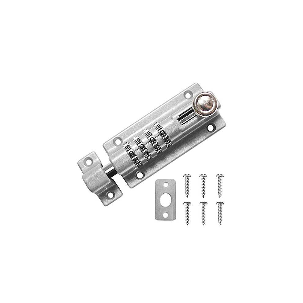 4 Unique Combination Locking Bolt, Heavy Duty Sliding Lockable Padbolt, 120mm Silver Stainless Steel Silded Door Latch Keyless, with Anti-Tamper