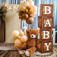 Baby Shower Boxes Decorations for Boys Girls, 4Pcs Wood Grain Baby Balloon Boxes Blocks with BABY Letters for Teddy Bear Babyshower, Gender Reveal,