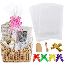 20Pcs Cellophane Basket Bags, 14X20in Clear Hamper Wrap Bag with Pull Bow Blank Hangtag & Twist Ties, Large Present Bags Set for Gift Packaging Arts