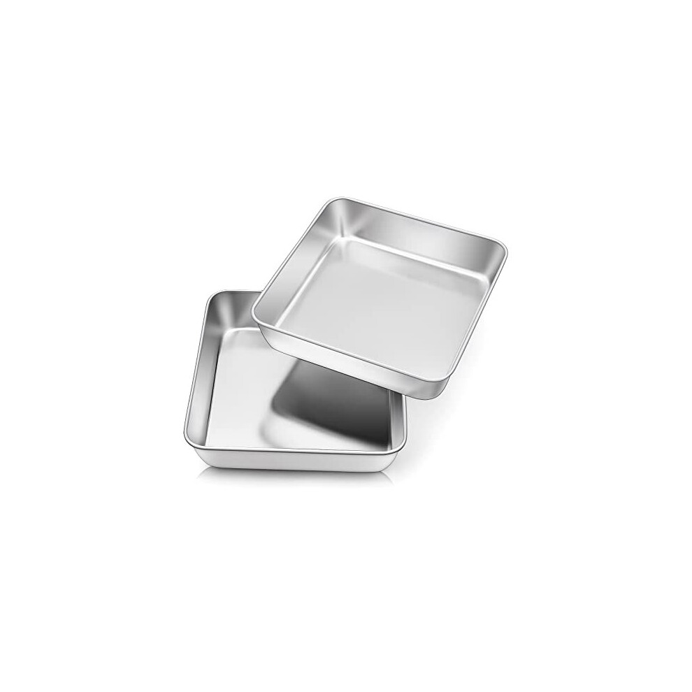 8 inch Cake Tin Set of 2, Stainless Steel Square Cake Tin for Baking Roasting, Brownie Cake Pan Bakeware Set for Wedding, Healthy & Non-Toxic, Brushed