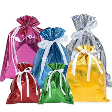 Christmas Gift Wrapping Bags, 12pcs Drawstring Gift Bags 6 Assorted Color Shimmer Wrapping Bags for Christmas Birthday Gifts Wrapping