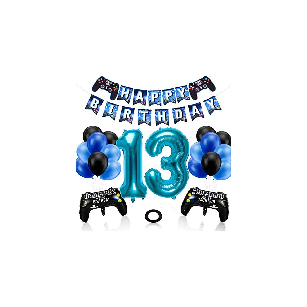 13th Birthday Decorations for Boys, Gaming Theme Birthday Party Decorations Set for Gamers, Happy Birthday Banner Game Controller Balloons Black Blue