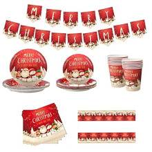 Christmas Party Tableware Set 16 Guests,Xmas Table Decorations Disposable Dinnerware Set Plastic Tablecloth Napkin Christmas Banner Paper Plates and