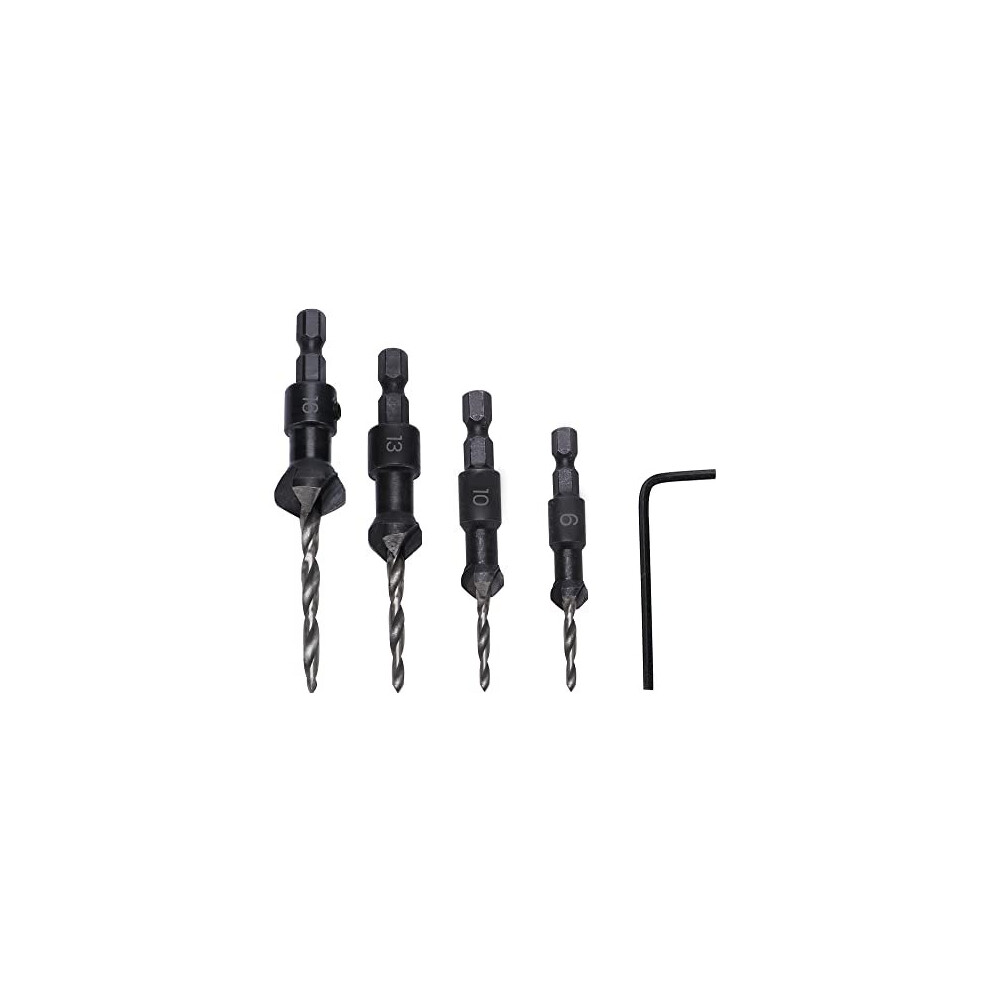 5 Pcs Wood Carpentry Reamer Chamfer Countersink Drill Bit Set, 6#10#13#16 Hss Hex Shank Reamer Chamfer Countersink Tool With Hex Wrench, Taper Bits 5011145521805
