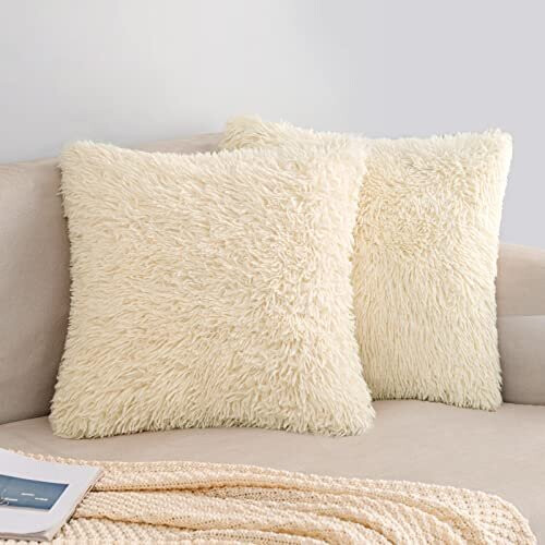 Fluffy Cushion Covers Faux Fur Throw Pillow Covers Beige Soft