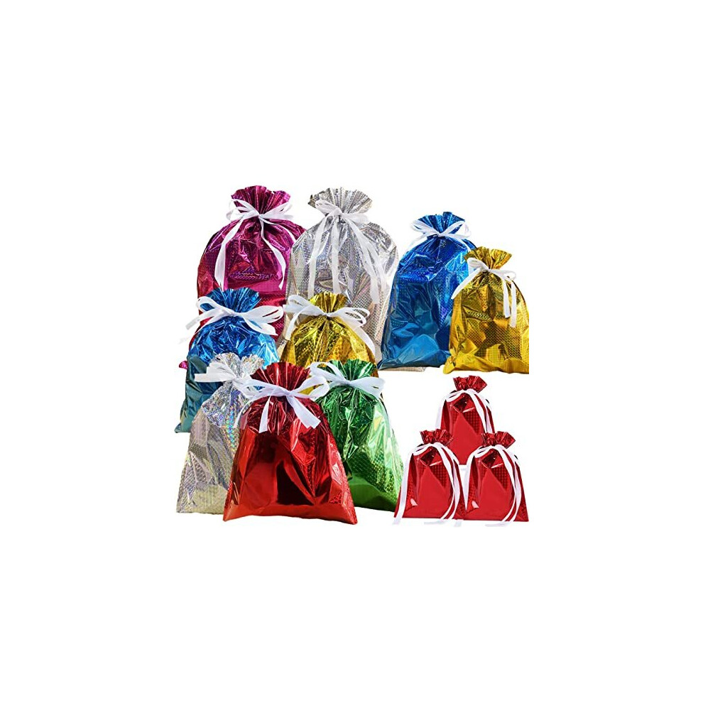 12 Pack Solid Color Foil Gift Bag Multipack Drawstring Gift Bags,6 Color Shimmer Wrapping Bags,Jumbo Xmas Bag,Reusable Large Christmas Gift Wrapping