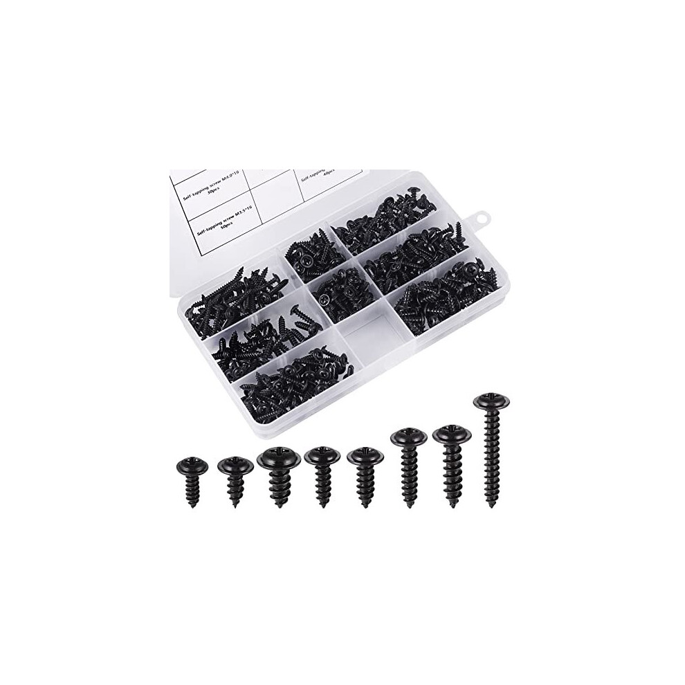 350PCS Self Tapping Screws, Black Screws Assortment M3 M3.5 M4 M4.8, Carbon Steel Pan Head Screws Galvanized Small Screws, Anti-rust Self Drilling