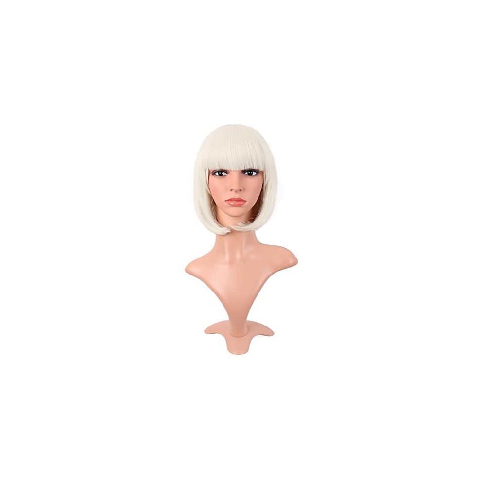 Mapofbeauty Unisex Silver 12 Inch /30 Cm Fashion Lady Short Straight Synthetic Flat Bangs Bob Wig (Platinum Blonde)