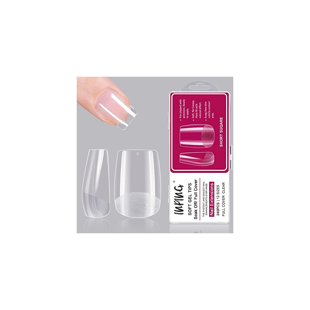 Inping Short Nail Tips, 240Pcs Short Square Clear Soft Nail Tips Half Full Cover Nail Extensions Break Resistant Pre-Shaped Acrylic False Nails For Women