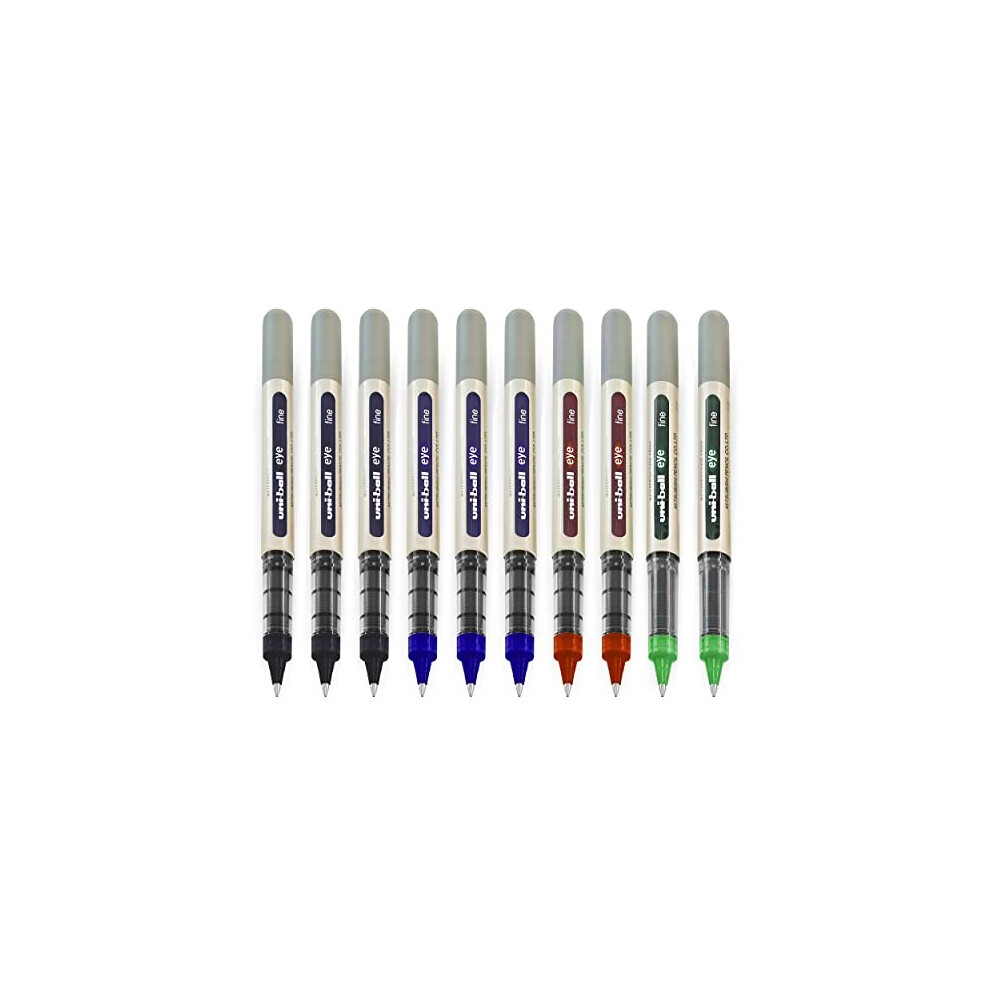 EYE - UB-157 Rollerball Pens - 0.7mm Nib - [Pack of 10] - 3 x Black, 3 x Blue, 2 x Red, 2 x Green