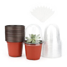 32 Pcs 10cm Brown Plastic Plant Pots with Humidity Dome, Small Plant Flower Pots Nursery Seedling Pots for Seed, Cuttings, Succulents and 10 Pcs Plant