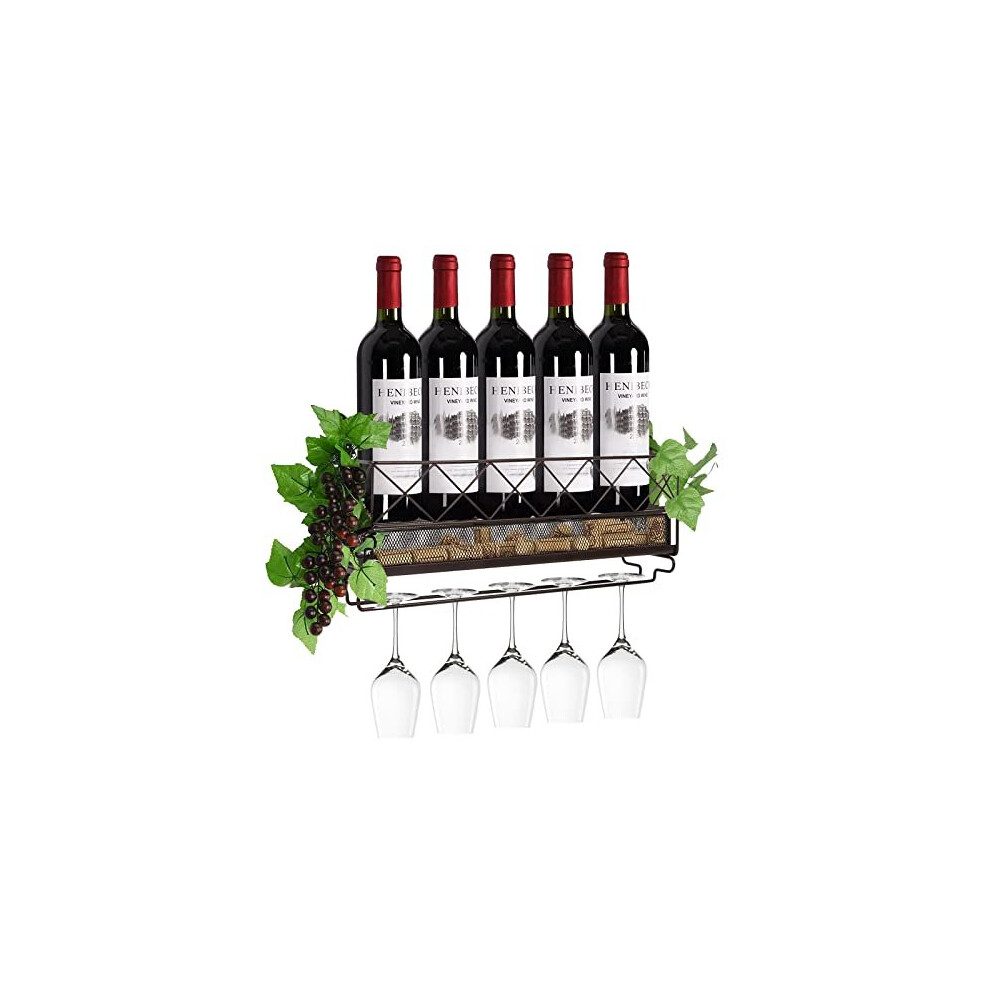 Wall Mounted Wine Rack with Glass Holder Metal Wine Shelf Champagne Bottle Holder Hanging Rustic Wine Holder Floating Wine Shelf for Kitchen, bronze-image-OPC-PC9ZJ52-NEW