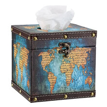 BTSKY Wooden + PU Retro Tissue Box Holder - Square, World Map, Bronze Buckle, 15x15x14.7cm, Blue Map