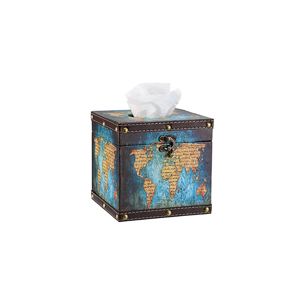 Btsky Wooden + Pu Retro Tissue Box Holder - Square, World Map, Buckle, 15X15x14.7cm, Map Bronze/Blue