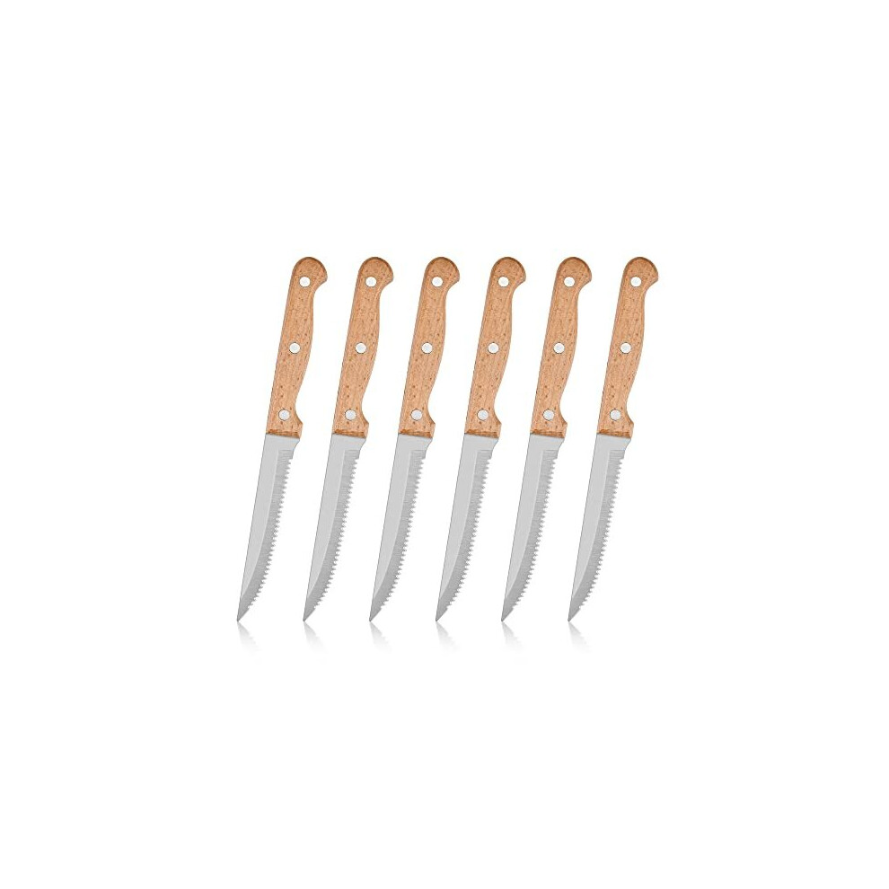 Steak Knives Set of 6, Stainless Steel Serrated Steak Knife, Sharp Dinner Knives with Wooden Handle, Dishwasher Safe Kitchen Steak Knife Set, Cutlery