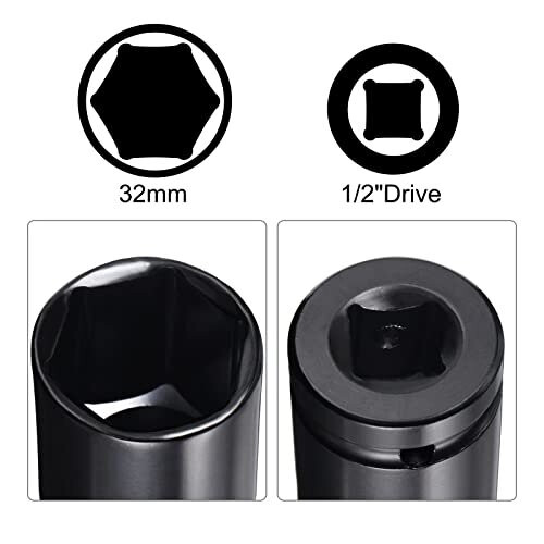 1/2" Drive Socket Accessory Set, 32mm Deep 6-Point Impact Socket 8" Length and 1/4" Hex Shank Adapter 2
