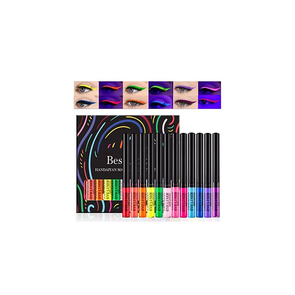 Hophat 12 Colors Matte Liquid Eyeliner Set Uv Glow Neon Rainbow Colorful Eyeliner Pencil Waterproof Long Lasting Smudge-Proof Eye Liners Makeup Set Gift For