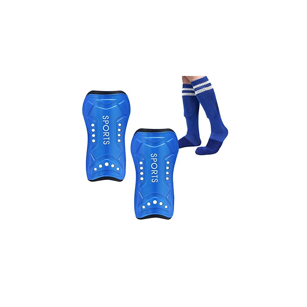 Football Shin Pads Guards - Blue Soccer Shinguards Ankle Protect Youth Child Hockey Shinpads with Socks for Kids, Boys, Girls (Medium)