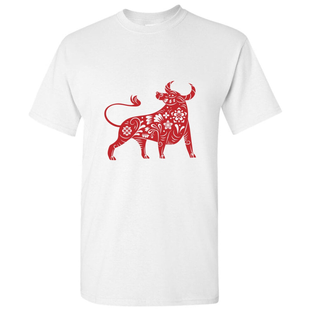 (M) Chinese Zodiac Shengxiao New Year of the OX Bull Cow White Men T Shirt Tee Top