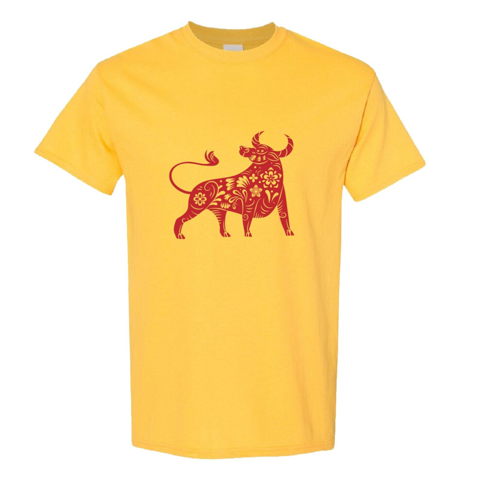 (XL) Chinese Zodiac Shengxiao New Year OX Bull Cow Animal Yellow Men T Shirt Tee Top