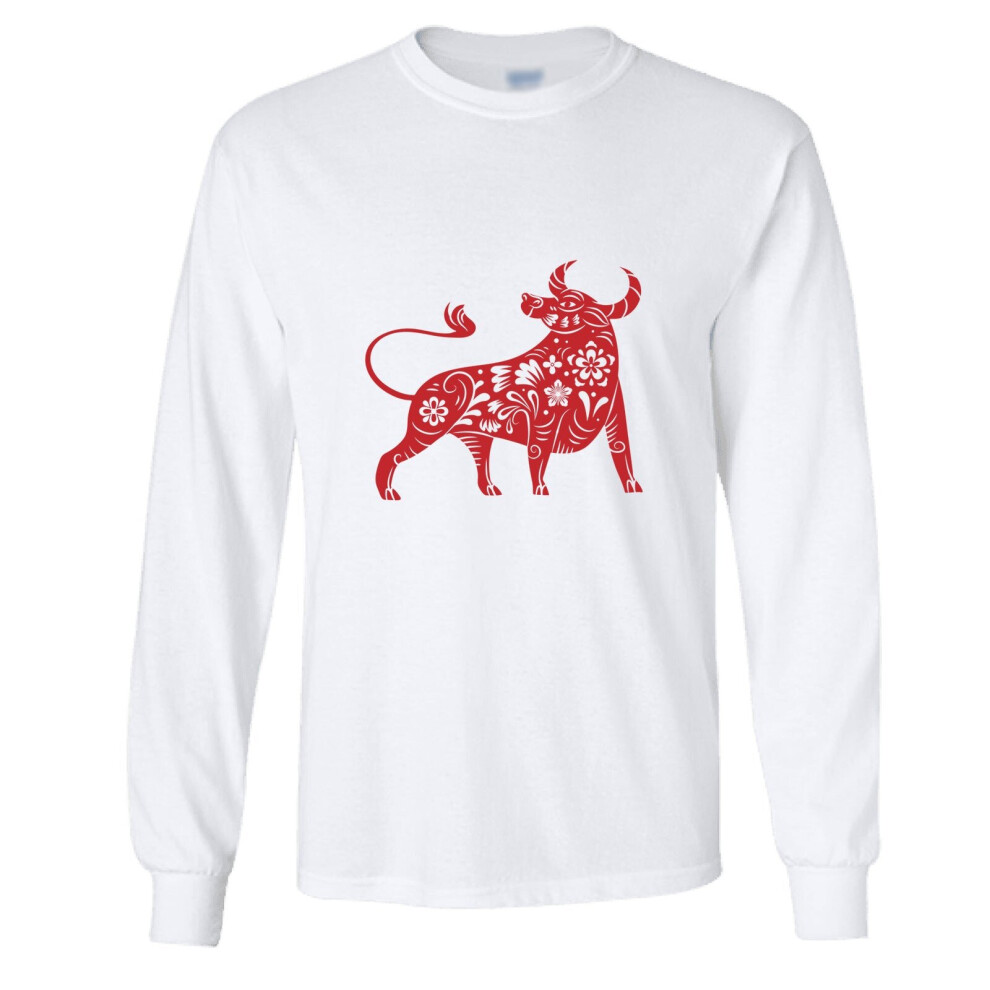 (M) Chinese Zodiac Year of the OX Bull Cow Men White Long Sleeve T-Shirt Tee Top