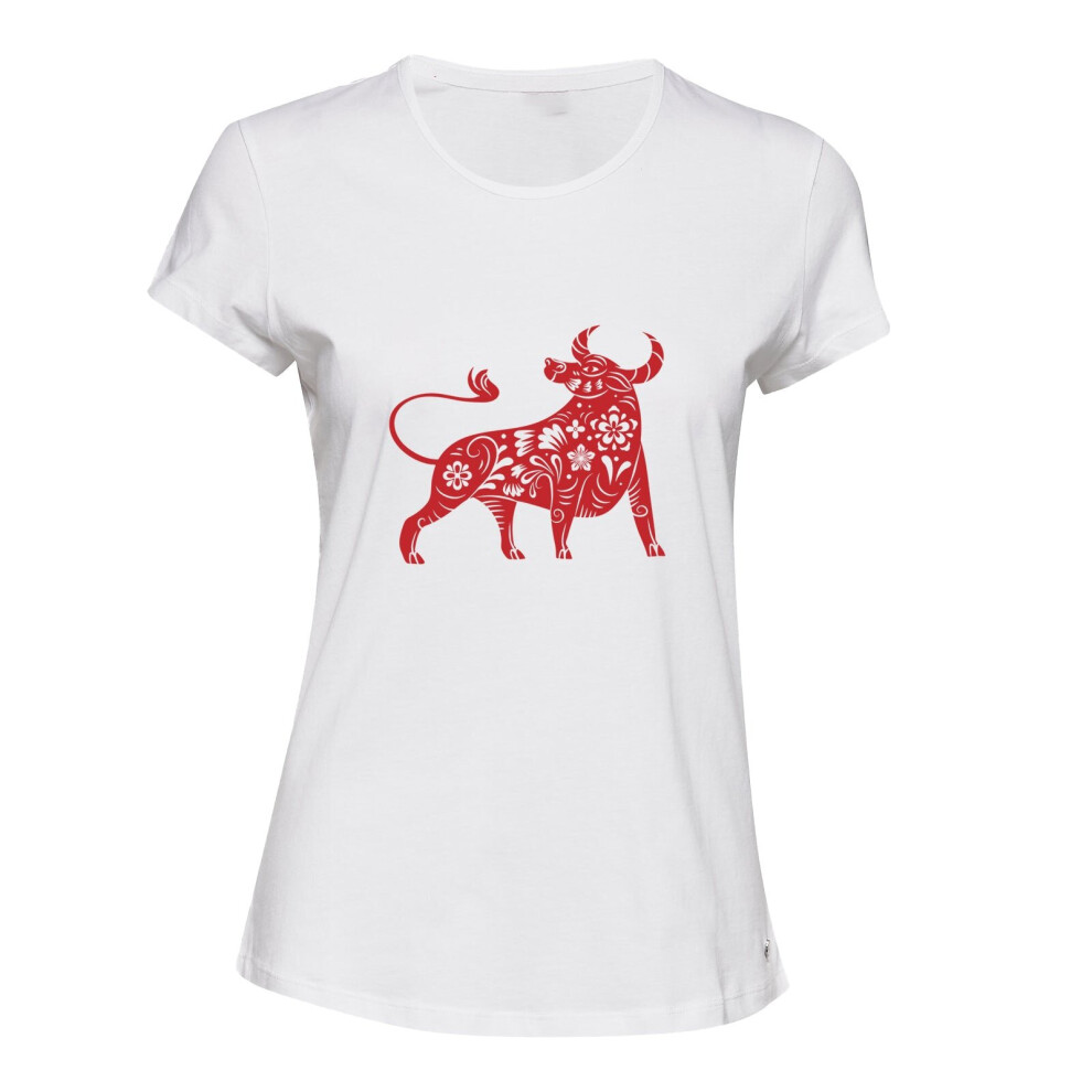 (M) Chinese Zodiac New Year OX Bull Cow White Ladies Women T Shirt Tee Top