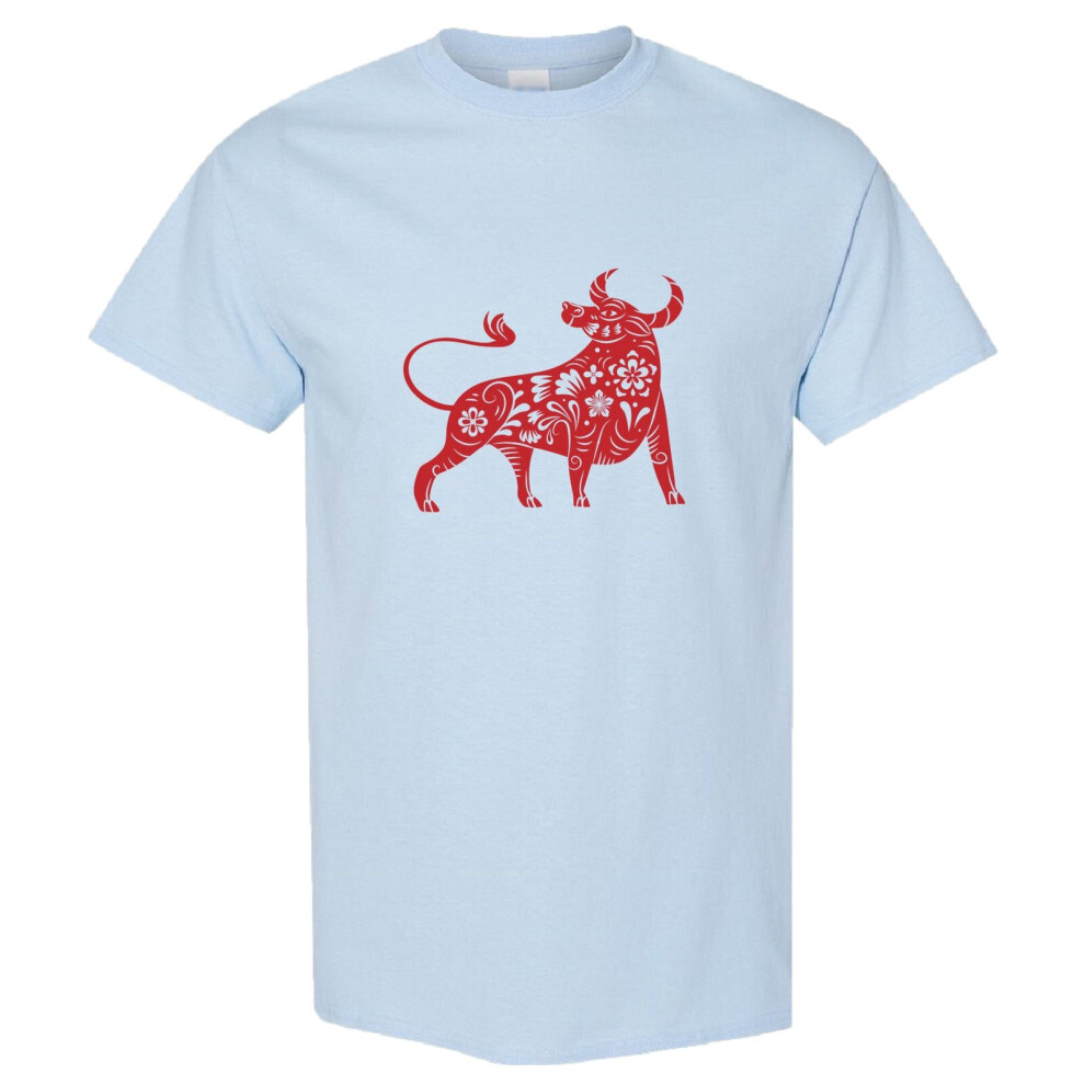 (L) Chinese Zodiac New Year OX Bull Cow Animal Light Blue Men T Shirt Tee Top