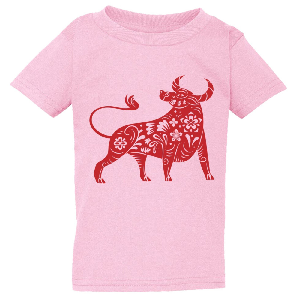 (Small / 2T / 1-2 YO) Chinese Zodiac New Year OX Bull Cow Pink T-Shirt Tee Baby Kids Boy Girl