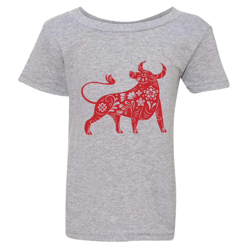 (2XL / 6T / 5-6 YO) Chinese Zodiac New Year OX Bull Cow Grey T-Shirt Tee Top Baby Kids Boy Girl